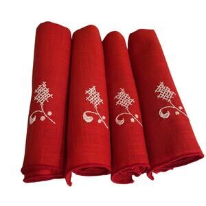 Vintage Red Cloth Napkins Set 4 Hand Embroidered Cross Stitch 14" Square